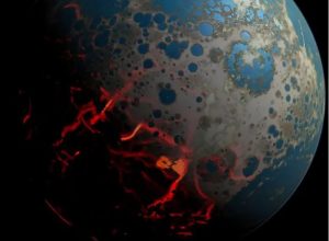 Ky ilustrim i Tokës së hershme përfshin ujë të lëngshëm, si dhe magmë që rrjedh nga bërthama e planetit për shkak të një ndikimi të madh. Shkencëtarët në NASA po hetojnë kiminë që mund të ketë ekzistuar në këtë kohë në historinë e planetit. Kredia: Simone Marchi