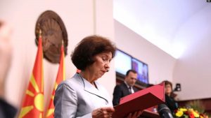 Gordana Silanovska-Davkova gjatë fjalimit të saj inaugurues si presidente e Maqedonisë së Veriut, 12 maj 2024.