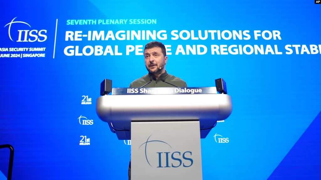Presidenti i Ukrainës, Volodymyr Zelensky, në takimin e Singaporit, Shangri-La, 2 qershor 2024