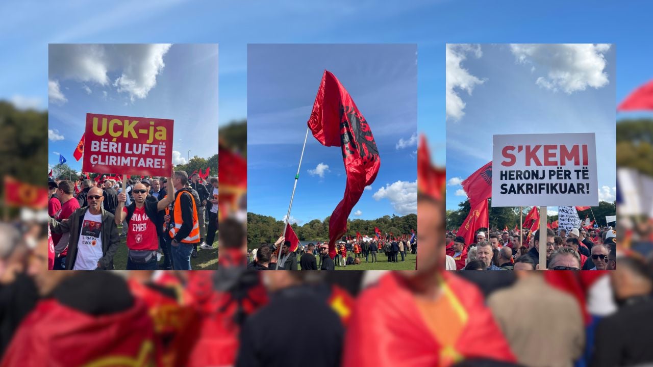 Fotolajm  Haga vishet kuqezi  mijëra shqiptarë manifestojnë në përkrahje të udhëheqësve të UÇK  Lironi çlirimtarët  s kemi heronj për të sakrifikuar