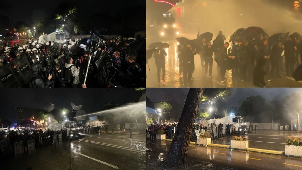 Tensione në protestën e PD së  qytetarët tentojnë të thyejnë kordonin e policisë  përdoren fishekzjarre dhe ujë